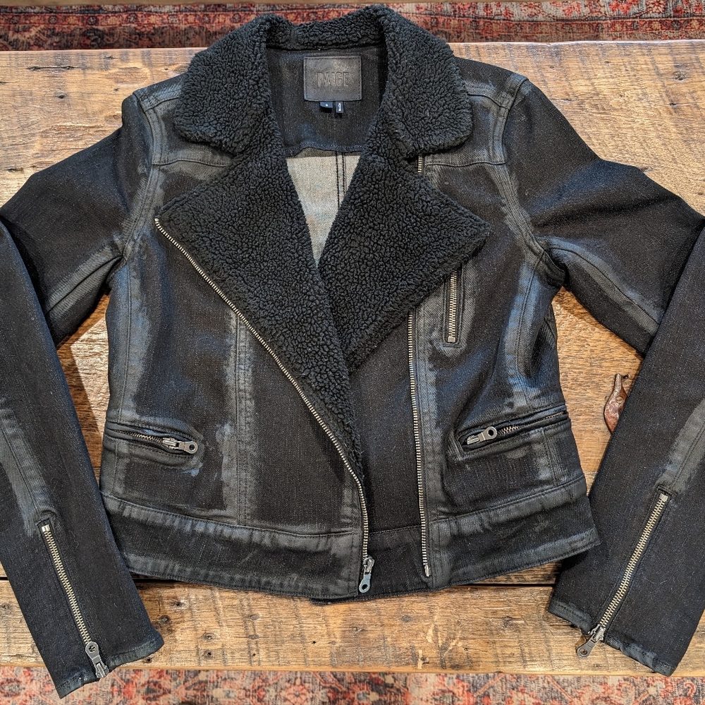 PAIGE Jean Jacket Sydney Women's Small Moto Sherpa Coated Black Stretch Denim - Picture 15 of 16